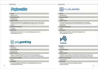 STARTUPS STARTUPS 
NOME 
Paga pra mim 
ACELERADORA 
Start You Up 
TWEET PITCH 
Plataforma que facilita o pagamento de contas, sem sair de casa, de 
diversas formas e com a possibilidade de pagar todas as contas em 
uma só 
SETOR DE ATUAÇÃO 
Finanças 
CONTATO 
Alexandre do Amaral Ferrari | alexandre@pagapramim.com 
www.pagapramim.com 
NOME 
Payparking 
ACELERADORA 
Start You Up 
TWEET PITCH 
Pague o estacionamento sem filas e reserve uma vaga para 
estacionar de forma fácil e segura com o aplicativo da payparking 
SETOR DE ATUAÇÃO 
Outros 
CONTATO 
Fernando Sonegheti de Mingo | fernando@payparking.com.br 
www.payparking.com.br 
NOME 
Pega Plantão 
ACELERADORA 
Papaya 
TWEET PITCH 
Ferramenta que gerencia escalas de plantão em instituições 
de saúde, sendo possível buscar profissionais para cobrir faltas 
inesperadas 
SETOR DE ATUAÇÃO 
Saúde 
CONTATO 
Fabio Paradiso Martins | fabioparadiso@gmail.com 
www.pegaplantao.com.br 
NOME 
ProDeaf 
ACELERADORA 
Wayra 
TWEET PITCH 
ProDeaf é um software que permite a tradução de português para 
Língua Brasileira de Sinais, permitindo a comunicação com surdos 
SETOR DE ATUAÇÃO 
Comunicação 
CONTATO 
Flávio Almeida | flavio.almeida@prodeaf.net 
www.prodeaf.net 
35 36 
 