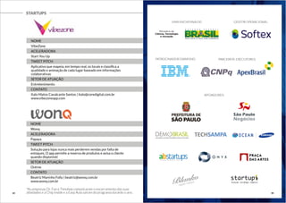 STARTUPS 
NOME 
VibeZone 
ACELERADORA 
Start You Up 
TWEET PITCH 
Aplicativo que mapeia, em tempo real, os locais e classifica a 
qualidade e animação de cada lugar baseado em informações 
colaborativas 
SETOR DE ATUAÇÃO 
Entretenimento 
CONTATO 
Italo Matos Cavalcante Santos | italo@coredigital.com.br 
www.vibezoneapp.com 
NOME 
Wonq 
ACELERADORA 
Papaya 
TWEET PITCH 
Solução para lojas nunca mais perderem vendas por falta de 
estoques. O app permite a reserva de produtos e avisa o cliente 
quando disponível 
SETOR DE ATUAÇÃO 
Outros 
CONTATO 
Beatriz Marinho Folly | beatriz@wonq.com.br 
www.wonq.com.br 
*As empresas Dr. Fun e Timobox comunicaram o encerramento das suas 
atividades e a Chip Inside e a Easy Aula saíram do programa durante o ano. 
UMA INICIATIAVA DE: GESTOR OPERACIONAL: 
PATROCINADOR DIAMOND: PARCEIROS EXECUTORES: 
APOIADORES: 
ibm_Cyan [Converted].pdf 1 9/19/11 5:14 PM 
39 40 
 