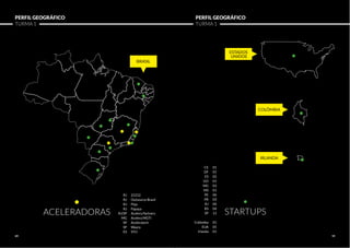 PERFIL GEOGRÁFICO 
TURMA 1 
ESTADOS 
UNIDOS 
BRASIL 
PERFIL GEOGRÁFICO 
TURMA 1 
COLÔMBIA 
IRLANDA 
ACELERADORAS 
21212 
Outsource Brazil 
Pipa 
Papaya 
Acelera Partners 
Acelera MGTI 
Aceleratech 
Wayra 
SYU 
RJ 
RJ 
RJ 
RJ 
RJ/SP 
MG 
SP 
SP 
ES 
STARTUPS 
CE 
DF 
ES 
GO 
MG 
MS 
PE 
PR 
RJ 
RS 
SP 
Colômbia 
EUA 
Irlanda 
01 
01 
02 
01 
03 
01 
06 
03 
04 
04 
12 
01 
05 
01 
09 10 
 