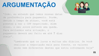 01
ARGUMENTAÇÃO
“João, eu entendo que temos nossas datas
de preferência para pagamento. Porém,
devido o tempo de atraso, você está
prestes a ter o CPF negativado. Além
disso, o seu score sofrerá uma queda.
Para evitarmos esta situação, o
pagamento deverá ser feito em até 7 dias
úteis”.
“Lembrando que os juros e multas são diários. Se você
realizar a negociação mais para frente, os valores
serão bem diferentes destes que estou informando hoje”
 