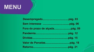 MENU
Desempregado..................................pág. 03
Sem interesse ...................................pág. 06
Fora do prazo de alçada......................pág. 09
Pandemia...........................................pág. 12
Dívidas...............................................pág. 15
Valor de Parcelas................................pág. 18
Retorno..............................................pág. 21
 