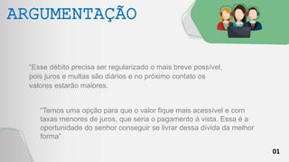 01
ARGUMENTAÇÃO
“Esse débito precisa ser regularizado o mais breve possível,
pois juros e multas são diários e no próximo contato os
valores estarão maiores.
“Temos uma opção para que o valor fique mais acessível e com
taxas menores de juros, que seria o pagamento à vista. Essa é a
oportunidade do senhor conseguir se livrar dessa dívida da melhor
forma”
 