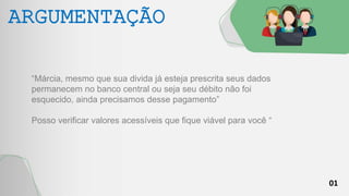 01
ARGUMENTAÇÃO
“Márcia, mesmo que sua divida já esteja prescrita seus dados
permanecem no banco central ou seja seu débito não foi
esquecido, ainda precisamos desse pagamento”
Posso verificar valores acessíveis que fique viável para você “
 
