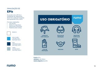 SINALIZAÇÃO DE
12
De acordo com a NR-26 as
sinalizações de «Segurança»
devem ser usadas em situações
que apresentem EPIs e EPCs.
Principais sinalizações:
• Uso de EPIs;
• Alertas de segurança;
• Alertas para motoristas;
• Pedestre ande na faixa;
BRANCO
AZUL-CLARO
C70 M19 Y0 K0
PANTONE® 298 C
AZUL
C100 M45 Y0 K60
PANTONE® 2955 C
CINZA
C31 M14 Y14 K0
PANTONE® 5445 C
EPIs
PLACA: EPI’s
MEDIDAS: 120x100cm
NOME ARQUIVO: 88_EPIS
USO OBRIGATÓRIO
CAPACETE
COM JUGULAR
ÓCULOS DE
PROTEÇÃO
PROTETOR
AURICULAR
LUVA DE
PROTEÇÃO
MÁSCARA BOTA
 