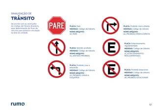 SINALIZAÇÃO DE
17
De acordo com as resoluções
do Código de Trânsito Brasileiro,
para determinação do fluxo de
veículos para acesso e circulação
na área da unidade.
TRÂNSITO
PLACA: Pare
MEDIDAS: Código de trânsito
NOME ARQUIVO:
63_PARE
PLACA: Sentido proibido
MEDIDAS: Código de trânsito
NOME ARQUIVO:
64_SENTIDO-PROIBIDO
PLACA: Proibido virar a
esquerda
MEDIDAS: Código de trânsito
NOME ARQUIVO:
65_PROIBIDO-VIRAR-A-
ESQUERDA
PLACA: Proibido virar a direita
MEDIDAS: Código de trânsito
NOME ARQUIVO:
66_PROIBIDO-VIRAR-A-DIREITA
PLACA: Estacionamento
regulamentado
MEDIDAS: Código de trânsito
NOME ARQUIVO:
67_ESTACIONAMENTO-
REGULAMENTADO
PLACA: Proibido estacionar
MEDIDAS: Código de trânsito
NOME ARQUIVO:
68_PROIBIDO-ESTACIONAR
 