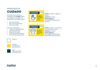SINALIZAÇÃO DE
3
De acordo com a NR-26 as
sinalizações de Cuidado devem
ser usadas em situações que
apresentem risco médio, sendo:
• Risco de impacto;
• Risco de esmagamento;
• Risco de quedas;
Principais sinalizações:
• Trânsito de empilhadeiras;
• Superfícies quentes;
• Elevação de cargas;
• Risco de quedas (escadas);
• Áreas de descarregamento;
BRANCO
AMARELO
C0 M10 Y98 K0
PANTONE® 116 C
AZUL
C100 M45 Y0 K60
PANTONE® 2955 C
CUIDADO CUIDADO
SÓ USE SE
AUTORIZADO
Trabalho a
quente
CUIDADO
Use ÓCULOS DE
PROTEÇÃO, LUVAS
DE BORRACHA e
AVENTAL quando
manusear produtos
químicos
PLACA: Cuidado - Trabalho a
quente
MEDIDAS: 30x40cm
NOME ARQUIVO:
33_CUIDADO_TRABALHO-A-
QUENTE
PLACA: Cuidado - Uso de EPI’s
para produtos quimicos
MEDIDAS: 30x40cm
NOME ARQUIVO:
34_CUIDADO_USO-DE-EPIS-
PARA-PRODUTOS-QUIMICOS
 