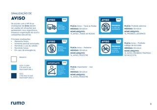 SINALIZAÇÃO DE
6
De acordo com a NR-26 as
sinalizações de Aviso devem
ser usadas em situações que
apresentem risco ergonômico,
limpeza e organização do local e
campanhas educativas:
Principais sinalizações:
• Mantenha limpo;
• Somente pessoal autorizado;
• Permitido o uso do celular;
• Permitido fumar;
• Em caso de emergência;
BRANCO
AZUL-CLARO
C70 M19 Y0 K0
PANTONE® 298 C
AZUL
C100 M45 Y0 K60
PANTONE® 2955 C
AVISO AVISO
Trave as
rodas antes
de carregar e
descarregar
AVISO
Pedestre,
ande somente
nas áreas
permitidas
IMPORTANTE
Ao deslocar
com veículo
use o cinto de
segurança,
verifique as
condições do
veículo
AVISO
PROIBIDO
O USO DE
ADORNOS
AVISO
PROIBIDO
o tráfego de
bicicletas
neste local
PLACA: Aviso - Trave as Rodas
MEDIDAS: 30x40cm
NOME ARQUIVO:
13_AVISO-_TRAVE-AS-RODAS
PLACA: Aviso - Pedestre
MEDIDAS: 30x40cm
NOME ARQUIVO:
14_AVISO_PEDESTRE
PLACA: Importante - Uso
cinto
MEDIDAS: 30x40cm
NOME ARQUIVO:
14_AVISO_PEDESTRE
PLACA: Proibido adornos
MEDIDAS: 30x40cm
NOME ARQUIVO:
15_PROIBIDO_ADORNOS
PLACA: Aviso - Proibido
tráfego de bicicleta
MEDIDAS: 30x40cm
NOME ARQUIVO:
16_AVISO_PROIBIDO-TRAFEGO-
DE-BICICLETA
 