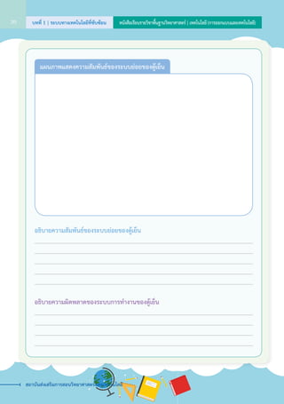 อธิบายความสัมพันธ์ของระบบย่อยของตู้เย็น
													
													
													
													
													
อธิบายความผิดพลาดของระบบการทำ�งานของตู้เย็น
													
													
													
													
แผนภาพแสดงความสัมพันธ์ของระบบย่อยของตู้เย็น
บทที่ 1 | ระบบทางเทคโนโลยีที่ซับซ้อน20 หนังสือเรียนรายวิชาพื้นฐานวิทยาศาสตร์ | เทคโนโลยี (การออกแบบและเทคโนโลยี)
สถาบันส่งเสริมการสอนวิทยาศาสตร์และเทคโนโลยี
 