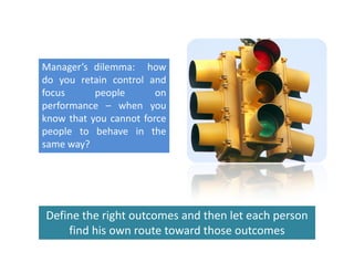 Manager’s dilemma: how
do you retain control and
    y
focus      people       on
performance – when you
know that you cannot force
people to behave in the
same way?




Define the right outcomes and then let each person 
    find his own route toward those outcomes
 