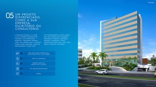 Fachada
UM PROJETO
DIFERENCIADO,
COMO A SUA
EMPRESA,
ESCRITÓRIO OU
CONSULTÓRIO.
05
O Boulevard Business é o maior
e mais completo empresarial de
Camaçari, com infraestrutura
moderna, 4 elevadores, business
center com meeting room e auditório,
rooftop, lobby imponente, vagas de
estacionamento e muito mais.
Um empreendimento de alto padrão,
feito sob medida para advogados,
empresários, médicos, psicólogos,
dentistas, contadores e outros
profissionais liberais que, como você,
estão à frente do seu tempo.
Total de 140 salas comerciais com
área privativa de 25 m² por unidade
Térreo e 11 pavimentos
Business center com
meeting room e auditório
140 vagas de estacionamento
Rooftop
 