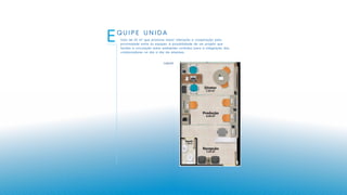 QUIPE UNIDA
E Sala de 25 m² que promove maior interação e cooperação pela
proximidade entre as equipes. A possibilidade de um projeto que
facilita a circulação entre ambientes contribui para a integração dos
colaboradores no dia a dia da empresa.
Layout
 