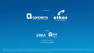 Boulevard Business: em atenção à Lei 4.591/64, informamos que todas as características e imagens, perspectivas, os equipamentos, móveis, a iluminação e o paisagismo utilizados nesta peça publicitária têm caráter meramente ilustrativo, por tratar-se de um bem a ser construído. Todas as
ilustrações são representações artísticas, podendo sofrer alterações de cor, textura, acabamento e composição. Os móveis e acessórios aqui apresentados não são parte integrante do contrato nem das salas. Projeto aprovado pela Prefeitura Municipal de Camaçari, Alvará nº 030/2020, datado
de 21.02.2020, com competente Registro de Incorporação arquivado no Cartório do 2º Ofício de Registro de Imóveis de Camaçari/BA, R-04 na Matrícula nº 22.745.
bbcamacari.com.br
71 99739-6008
Vendas:
Realização:
 