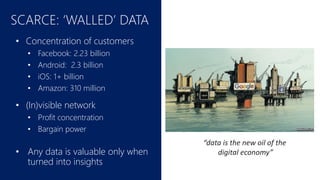 SCARCE: ‘WALLED’ DATA
• Concentration of customers
• Facebook: 2.23 billion
• Android: 2.3 billion
• iOS: 1+ billion
• Amazon: 310 million
• (In)visible network
• Profit concentration
• Bargain power
• Any data is valuable only when
turned into insights
“data is the new oil of the
digital economy”
 