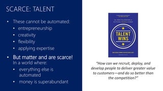 SCARCE: TALENT
• These cannot be automated:
• entrepreneurship
• creativity
• flexibility
• applying expertise
• But matter and are scarce!
In a world where:
• everything else is
automated
• money is superabundant
“How can we recruit, deploy, and
develop people to deliver greater value
to customers—and do so better than
the competition?”
 