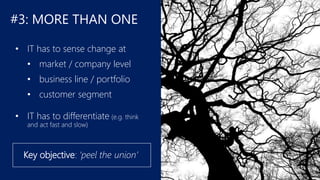 #3: MORE THAN ONE
• IT has to sense change at
• market / company level
• business line / portfolio
• customer segment
• IT has to differentiate (e.g. think
and act fast and slow)
Key objective: ‘peel the union’
 