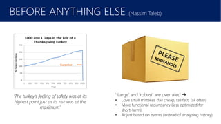 Laziness (‘there is always another sprint
BEFORE ANYTHING ELSE (Nassim Taleb)
‘The turkey's feeling of safety was at its
highest point just as its risk was at the
maximum’
‘ Large’ and ‘robust’ are overrated →
• Love small mistakes (fail cheap, fail fast, fail often)
• More functional redundancy (less optimized for
short-term)
• Adjust based on events (instead of analyzing history)
 