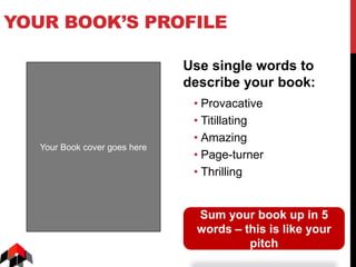 YOUR BOOK’S PROFILE
Use single words to
describe your book:
• Provacative
• Titillating
• Amazing
• Page-turner
• Thrilling
Sum your book up in 5
words – this is like your
pitch
Your Book cover goes here
 