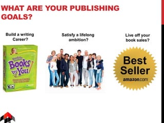 WHAT ARE YOUR PUBLISHING
GOALS?
Build a writing
Career?
Satisfy a lifelong
ambition?
Live off your
book sales?
 