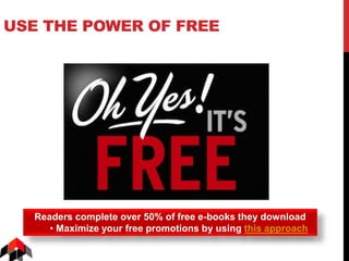 USE THE POWER OF FREE
Readers complete over 50% of free e-books they download
• Maximize your free promotions by using this approach
 