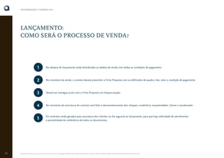 INFORMAÇÕES COMERCIAIS

LANÇAMENTO:
COMO SERÁ O PROCESSO DE VENDA?

1
2

No momento da venda, o corretor deverá preencher a Ficha Proposta com as definições de quadra, lote, valor e condição de pagamento.

3

Deverá ser entregue junto com a Ficha Proposta um cheque-caução.

4

No momento de assinatura do contrato será feito o desmembramento dos cheques: imobiliária, empreendedor, Dome e coordenador.

5

52

Na véspera do lançamento serão distribuídas as tabelas de venda com todas as condições de pagamento.

Os contratos serão gerados para assinatura dos clientes no dia seguinte ao lançamento, para que haja velocidade de atendimento
e possibilidade de conferência de todos os documentos.

O Book do Corretor é para uso exclusivo da área comercial. As imagens utilizadas são meramente ilustrativas. A Cipasa reserva o direito de alterar as informações do material sem prévio aviso.

 