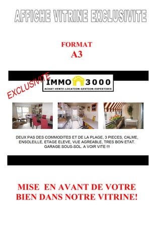 FORMAT
          A3




MISE EN AVANT DE VOTRE
BIEN DANS NOTRE VITRINE!
 