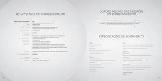 QUADRO RESUMO DAS UNIDADES
         FICHA TÉCNICA DO EMPREENDIMENTO                                                                                                                            DO EMPREENDIMENTO

                                                                                                                                                                        Unidade     Tipologia das unidades autônomas                                               Área Privativa
     IDENTIFICAÇÃO DO EMPREENDIMENTO         DUO
                              Endereço:      Rua Professor Eduardo Bahiana, quadra C, lote 2
                                                                                                                                                                   101 a 3001       Living, varanda, lavabo, suíte master, 3 suítes, sala íntima com               271,61m2
                                 Bairro:     Aquarius, Pituba                                                                                                                       varanda, cozinha, área de serviço e dependências de serviço.
                        Cidade - Estado:     Salvador - Bahia
                    Produto (descrição):     Empreendimento residencial composto de uma torre com
                                             30 pavimentos tipo com lazer no térreo e mezanino
                    Estilo arquitetônico:    Contemporâneo


                        Área do terreno:     1.437,50m2
                            Nº de torres:    1
                       Nº de pavimentos:     37 (2 subsolos + 1 garagem com acesso + térreo com lazer + mezanino + 30
                                             pavimentos tipo + casa de máquinas + reservatório superior)                                                      ESPECIFICAÇÕES DE ACABAMENTO
               Nº de unidades por andar:     1 unidade por pavimento tipo
                       Total de unidades:    30 unidades tipo
                       Tipo das unidades:    Sala com varanda, 4 suítes e dependência
                        Nº de elevadores:    1 elevador social e 1 elevador de serviço                                         Pisos                                                                                      Tetos
                            Área de lazer:   Praça Zen, Piscina, Deck molhado, Deck, Lounge DUO, Espaço gourmet com            Living e circulação: Contrapiso pronto.                                                    Todos os tetos serão pintados com pintura látex com massa corrida, podendo ser rebaixados
                                             churrasqueira e forno de pizza, Salão de festas, Bar social, Lounge jogos,
                                                                                                                               Lavabo: Cerâmica.                                                                          com placas de gesso para ocultar tubulações das instalações, com consequente diminuição de
                                             Brinquedoteca, Espaço infantil, Horta, Quadra esportiva, Fitness, Estar, Sauna,
                                             Spa, Hidromassagem, Espaço massagem.                                              Varanda: Cerâmica.                                                                         pé-direito livre, inclusive salas, que poderão ter pé-direito inferior a 2,60m.

                                                                                                                               Cozinha, área de serviço e todos os banheiros sociais: Cerâmica.
                             Nº de vagas:    123 (4 vagas por apartamento e direito a depósito na garagem por apartamento)     Suítes e quartos: Contrapiso pronto.                                                       Esquadrias
                          Área privativa:    271,61m2
                                                                                                                               Quarto e banheiro de empregada: Cerâmica.                                                  Esquadrias externas
             Área total construída (ATC):    13.652,69m2
                                                                                                                                                                                                                          Portas de correr, janelas de correr, basculantes do tipo Maximar: Alumínio anodizado ou

                             PARCEIROS                                                                                         Paredes                                                                                    pintura eletrostática.

                  Projeto arquitetônico:     Sidney Quintela                                                                   Sala de estar e jantar: Pintura látex.                                                     Vidros lisos comuns transparentes de 6 a 8mm nas janelas e portas de correr.
                            Engenheiro:      Nilton Teixeira - CREA nº: 200240434-8                                            Varanda: Pintura e revestimento cerâmico, de acordo com o projeto de fachada.              Vidros tipo lixa de 4mm nas janelas maximar dos banheiros.

                                                                                                                               Lavabo: Cerâmica.

                                                                                                                               Cozinha e áreas de serviço: Cerâmica.                                                      Esquadrias de madeira

                                                                                                                               Quarto de empregada: Pintura látex.                                                        Portas internas: Madeira semioca com guarnição em madeira e acabamento em verniz.

                                                                                                                               Banheiro do quarto de empregada: Cerâmica.                                                 Portas externas: Madeira semioca com guarnição em madeira e acabamento em verniz.

                                                                                                                               Suítes: Pintura látex.                                                                     Alisares e Rodapés: Serão em madeira com acabamento em verniz.

                                                                                                                               Banheiros: Cerâmica.

                                                                                                                                                                                                                          Ferragens de porta
                                                                                                                                                                                                                          Fechaduras:



40                                                                                                                                                                                                                                                                                                                     41
 