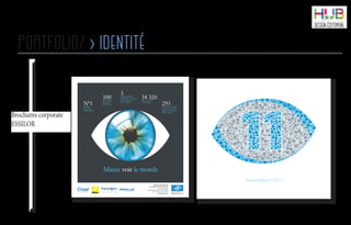 portfolio/ > identité
Brochures corporate
ESSILOR
Mieux voir le monde
Essilor International
Compagnie Générale d’Optique
147, rue de Paris
94220 Charenton-le-Pont, France
Tél. : +33 (0)1 49 77 42 24
www.essilor.com
N°1mondial
des verres
ophtalmiques
100Une présence
dans plus
de 100 pays
3centres de R&D
Essilor dans le monde
et 2 alliances avec
PPG et Nikon
34 320salariés sur les
5 continents
293laboratoires de pres-
cription et 300 000
magasins d’optique
dans le monde
 