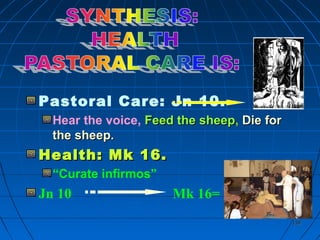 139139
Pastoral Care: Jn 10.
Hear the voice, Feed the sheepFeed the sheep, Die forDie for
the sheep.the sheep.
Health: Mk 16.Health: Mk 16.
“Curate infirmos”
Jn 10 Mk 16=
 