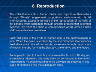 182182
8.8. ReproductionReproduction
The cells that are thus formed divide and reproduce themselvesThe cells that are thus formed divide and reproduce themselves
through “Mitosis” in geometric proportions; each one with its 46through “Mitosis” in geometric proportions; each one with its 46
chromosomes, except in the case of the reproduction of the cells ofchromosomes, except in the case of the reproduction of the cells of
the gonads which reproduce through another process that is termedthe gonads which reproduce through another process that is termed
“Meiosis”, by which the chain of chromosomes which formed a helix“Meiosis”, by which the chain of chromosomes which formed a helix
of 46 separates into two halves.of 46 separates into two halves.
Each half goes to the ovule in women and to the spermatozoon inEach half goes to the ovule in women and to the spermatozoon in
men. When the ovule is fertilised by the spermatozoon it reproducesmen. When the ovule is fertilised by the spermatozoon it reproduces
itself already with the 46 normal chromosomes through the processitself already with the 46 normal chromosomes through the process
of mitosis, thereby forming the blastocyt, the embryo and the foetus.of mitosis, thereby forming the blastocyt, the embryo and the foetus.
Some people refer to the embryos between the 1st and 14th day asSome people refer to the embryos between the 1st and 14th day as
pre-embryos. However, this name does not correspond to the reality,pre-embryos. However, this name does not correspond to the reality,
since there is no exogenous difference between the embryos in thissince there is no exogenous difference between the embryos in this
stage of human life and the subsequent ones.stage of human life and the subsequent ones.
 