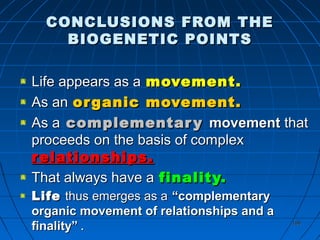 188188
CONCLUSIONS FROM THECONCLUSIONS FROM THE
BIOGENETIC POINTSBIOGENETIC POINTS
Life appears as aLife appears as a movement.movement.
As anAs an organic movement.organic movement.
As aAs a complementarycomplementary movementmovement thatthat
proceeds on the basis of complexproceeds on the basis of complex
relationships.relationships.
That always have aThat always have a finality.finality.
LifeLife thus emerges as athus emerges as a “complementary“complementary
organic movement of relationships and aorganic movement of relationships and a
finality”finality” ..
 