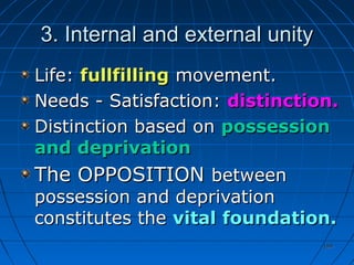 199199
3. Internal and external unity3. Internal and external unity
Life:Life: fullfillingfullfilling movement.movement.
Needs - Satisfaction:Needs - Satisfaction: distinction.distinction.
Distinction based onDistinction based on possessionpossession
and deprivationand deprivation
The OPPOSITIONThe OPPOSITION betweenbetween
possession and deprivationpossession and deprivation
constitutes theconstitutes the vitalvital foundation.foundation.
 