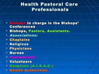 4242
Health Pastoral CareHealth Pastoral Care
ProfessionalsProfessionals
BishopsBishops in charge in the Bishops’in charge in the Bishops’
ConferencesConferences
Bishops,Bishops, Pastors, Assistants.Pastors, Assistants.
Associations:Associations:
ChaplainsChaplains
ReligiousReligious
PhysiciansPhysicians
NursesNurses
PharmacistsPharmacists
VolunteersVolunteers
Hospitals (A.I.S.A.C.)Hospitals (A.I.S.A.C.)
Health AuthoritiesHealth Authorities
 