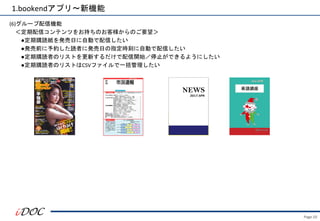 Page.10
(6)グループ配信機能
＜定期配信コンテンツをお持ちのお客様からのご要望＞
●定期購読紙を発売日に自動で配信したい
●発売前に予約した読者に発売日の指定時刻に自動で配信したい
●定期購読者のリストを更新するだけで配信開始／停止ができるようにしたい
●定期購読者のリストはCSVファイルで一括管理したい
NEWS
2017.SPR
2016.4月号
毎号CD付き
1.bookendアプリ～新機能
英語講座
 