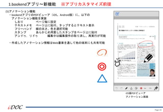 Page.10
(5)アノテーション機能
・bookendアプリのPDFビューア（iOS、Android版）に、以下の
アノテーション機能を実装
しおり ページ毎に設定
テキストメモ ページ上に貼付、タップするとテキスト表示
フリーハンド 線の太さ、色を選択可能
スタンプ あらかじめ用意したスタンプをページ上に貼付
アンドゥ，リドゥ 編集中は編集操作の取り消し、再実行が可能
・作成したアノテーション情報はWeb書庫を通して他の端末にも共有可能
1.bookendアプリ～新機能 ※アプリカスタマイズ前提
iOS版PDFビューア
アノテーション画面
 