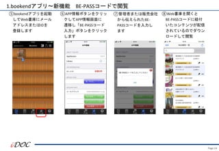 Page.14
1.bookendアプリ～新機能 BE-PASSコードで閲覧
⑤bookendアプリを起動
してWeb書庫にメール
アドレスまたはIDを
登録します
⑥APP情報ボタンをクリッ
クしてAPP情報画面に
遷移し「BE-PASSコード
入力」ボタンをクリック
します
⑦管理者または販売会社
から伝えられたBE-
PASSコードを入力し
ます
⑧Web書庫を開くと
BE-PASSコードに紐付
いたコンテンツが配信
されているのでダウン
ロードして閲覧
 