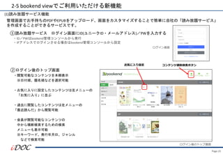Page.25
2-5 bookend viewでご利用いただける新機能
(1)読み放題サービス機能
管理画面でお手持ちのPDFやEPUBをアップロード、画面をカスタマイズすることで簡単に自社の「読み放題サービス」
を作成することができるサービスです。
①読み放題サービス ログイン画面にID(ユニークID・メールアドレス)／PWを入力する
②ログイン後のトップ画面
・閲覧可能なコンテンツを本棚表示
※日付順、題名順などを選択可能
・お気に入りに設定したコンテンツは左メニューの
「お気に入り」に並ぶ
・過去に閲覧したコンテンツは左メニューの
「最近読んだ」から閲覧可能
・会員が閲覧可能なコンテンツの
中から横断検索するための検索
メニューも表示可能
※キーワード、発行年月日、ジャンル
などで検索可能
・ID／PWはbookend管理コンソールから発行
・IPアドレスでログインさせる場合はbookend管理コンソールから設定
ログイン画面
ログイン後のトップ画面
お気に入り設定 コンテンツ横断検索ボタン
 