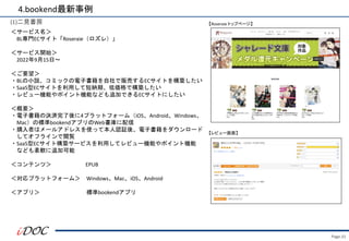 Page.31
(1)二見書房
＜サービス名＞
BL専門ECサイト「Roseraie（ロズレ）」
＜サービス開始＞
2022年9月15日～
＜ご要望＞
・BLの小説、コミックの電子書籍を自社で販売するECサイトを構築したい
・SaaS型ECサイトを利用して短納期、低価格で構築したい
・レビュー機能やポイント機能なども追加できるECサイトにしたい
＜概要＞
・電子書籍の決済完了後に4プラットフォーム（iOS、Android、Windows、
Mac）の標準bookendアプリのWeb書庫に配信
・購入者はメールアドレスを使って本人認証後、電子書籍をダウンロード
してオフラインで閲覧
・SaaS型ECサイト構築サービスを利用してレビュー機能やポイント機能
なども柔軟に追加可能
＜コンテンツ＞ EPUB
＜対応プラットフォーム＞ Windows、Mac、iOS、Android
＜アプリ＞ 標準bookendアプリ
4.bookend最新事例
【Roseraie トップページ】
【レビュー画面】
 