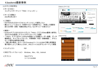Page.34
(4)日刊工業新聞社
＜サービス名＞
コンテンツマーケット「TREK!（トレック）」
＜サービス開始＞
2022年2月14日～
＜ご要望＞
・PDFやJPEGなどをマイクロコンテンツとして販売したい
・購入メニューに応じて「印刷やコピーを制御する」「許諾した範囲を
超える印刷・回覧・転載は禁止する」などポリシーを変えたい
＜概要＞
・bookendアプリをカスタマイズした「TREK!」アプリのWeb書庫に暗号化
されたPDFを配信しアプリにダウンロードして閲覧
・「TREK!」アプリはサイトのID/PW認証による閲覧ユーザー制限、データ
複製防止、キャプチャブロック、印刷制御（可否・部数制限）、ダウン
ロード端末台数管理を実現
・「購入済み商品」のページからbookendソーシャルDRMで購入者情報を
電子透かしとして挿入したPDF、JPEGファイルをダウンロードして閲覧
＜コンテンツ＞ PDF
＜対応プラットフォーム＞ Windows、Mac、iOS、Android
＜アプリ＞ TREK!アプリ
ソーシャルDRM
4.bookend最新事例
【TREK!トップページ】
【TREK!アプリ】
 