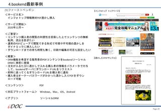 Page.39
(9)ファーストペンギン
＜サービス名＞
インフォトップ情報商材PDF透かし挿入
＜サービス開始＞
2020年12月～
＜ご要望＞
・コンテンツ購入者の閲覧の利便性を担保した上でコンテンツの無断
転用、流出を防ぎたい
・通常のPDFビューアで閲覧できる形式で可視や不可視の透かしを
ダイナミックに挿入したい
・ダウンロードまでの待ち時間も無く、印刷や編集の可否も設定したい
＜概要＞
・DRM機能を希望する販売者のPDFコンテンツをbookendソーシャル
DRMに事前に登録
・注文が入るたびに透かしで入れる購入者の情報をパラメータで付与
して、bookendサーバにダウンロードURLをリクエスト
・即時に返ってくるダウンロードURLを購入者に通知
・購入者はオーナーパスワードがかかった透かし入りPDFをダウン
ロード可能
＜コンテンツ＞ PDF
＜対応プラットフォーム＞ Windows、Mac、iOS、Android
＜アプリ＞ ソーシャルDRM
4.bookend最新事例
【インフォトップ トップページ】
【透かし入りPDFサンプル】
 