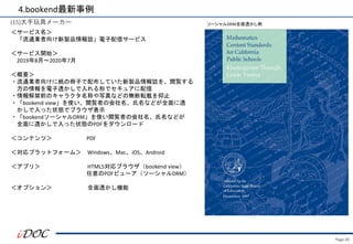 Page.45
(15)大手玩具メーカー
＜サービス名＞
「流通業者向け新製品情報誌」電子配信サービス
＜サービス開始＞
2019年8月～2020年7月
＜概要＞
・流通業者向けに紙の冊子で配布していた新製品情報誌を、閲覧する
方の情報を電子透かしで入れる形でセキュアに配信
・情報解禁前のキャラクタ名称や写真などの無断転載を抑止
・「bookend view」を使い、閲覧者の会社名、氏名などが全面に透
かしで入った状態でブラウザ表示
・「bookendソーシャルDRM」を使い閲覧者の会社名、氏名などが
全面に透かしで入った状態のPDFをダウンロード
＜コンテンツ＞ PDF
＜対応プラットフォーム＞ Windows、Mac、iOS、Android
＜アプリ＞ HTML5対応ブラウザ（bookend view）
任意のPDFビューア（ソーシャルDRM）
＜オプション＞ 全面透かし機能
4.bookend最新事例
ソーシャルDRM全面透かし例
 