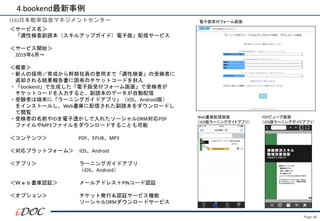 Page.46
(16)日本能率協会マネジメントセンター
＜サービス名＞
「適性検査副読本（スキルアップガイド）電子版」配信サービス
＜サービス開始＞
2019年6月～
＜概要＞
・新人の採用／育成から幹部社員の登用まで「適性検査」の受検者に
返却される結果報告書に固有のチケットコードを封入
・「bookend」で生成した「電子版受付フォーム画面」で受検者が
チケットコードを入力すると、副読本のデータが自動配信
・受験者は端末に「ラーニングガイドアプリ」（iOS、Android版）
をインストールし、Web書庫に配信された副読本をダウンロードし
て閲覧
・受検者の名前やIDを電子透かしで入れたソーシャルDRM対応PDF
ファイルやMP3ファイルをダウンロードすることも可能
＜コンテンツ＞ PDF、EPUB、MP3
＜対応プラットフォーム＞ iOS、Android
＜アプリ＞ ラーニングガイドアプリ
（iOS、Android）
＜Ｗｅｂ書庫認証＞ メールアドレス＋PINコード認証
＜オプション＞ チケット発行＆認証サービス機能
ソーシャルDRMダウンロードサービス
4.bookend最新事例
電子版受付フォーム画面
Web書庫配信画面
（iOS版ラーニングガイドアプリ）
PDFビューア画面
（iOS版ラーニングガイドアプリ）
 