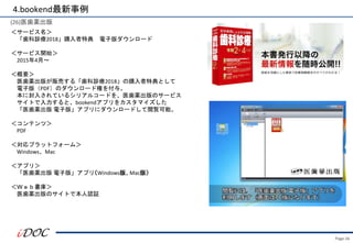 Page.56
4.bookend最新事例
(26)医歯薬出版
＜サービス名＞
「歯科診療2018」購入者特典 電子版ダウンロード
＜サービス開始＞
2015年4月～
＜概要＞
医歯薬出版が販売する「歯科診療2018」の購入者特典として
電子版（PDF）のダウンロード権を付与。
本に封入されているシリアルコードを、医歯薬出版のサービス
サイトで入力すると、bookendアプリをカスタマイズした
「医歯薬出版 電子版」アプリにダウンロードして閲覧可能。
＜コンテンツ＞
PDF
＜対応プラットフォーム＞
Windows、Mac
＜アプリ＞
「医歯薬出版 電子版」アプリ（Windows版、Mac版）
＜Ｗｅｂ書庫＞
医歯薬出版のサイトで本人認証
 