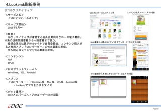 ＜サービス名＞
「SBCrメンバーズストア」
＜サービス開始＞
2015年5月～
＜概要＞
SBクリエイティブが運営する会員企業向けクローズ電子書店。
IT系の技術関連書籍から一般書籍まで扱う。
登録企業の社員がWebサイトで会員登録後、コンテンツ購入す
ると専用アプリ「SBCrリーダー」のWeb書庫に配信。
立ち読みコンテンツもWeb書庫に配信。
＜コンテンツ＞
PDF
EPUB
＜対応プラットフォーム＞
Windows、iOS、Android
＜アプリ＞
「SBCrリーダー」（Windows版、Mac版、iOS版、Android版）
・bookendアプリをカスタマイズ
＜Ｗｅｂ書庫＞
SBCrメンバーズストアのユーザーDBで認証
Web書庫から購入コンテンツをダウンロード（右はスマホ版）
SBCｒメンバーズストア トップ
Web書庫から本棚にダウンロード（右はスマホ版）
コンテンツ購入ページ（スマホ版）
4.bookend最新事例
(27)SBクリエイティブ
Page.57
 