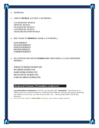 EJEMPLOS:

I DID IT MYSELF. (LO HICE A MI MISMO.)

I LEARNED BY MYSELF
SWIM BY MYSELF
I WALKED BY MYSELF
I STUDIED BY MYSELF
I RESEARCHED FOR MYSELF


SHE TALKS TO HERSELF. (HABLA A SI MISMA.)

SAW HERSELF
HUGGED HERSELF
DANCED HERSELF
HELPED HERSELF
COMBED HERSELF


WE PAINTED THE HOUSE OURSELVES. (PINTAMOS LA CASA NOSOTROS
MISMOS.)


TOBACCO SMOKE OURSELVES
WE DRINK OURSELVES
HARD WORK OURSELVES
MUCH STUDY OURSELVES
CARS WE DRIVE OURSELVES




Los pronombres recíprocos se forman con las partículas "eachother." Esta forma no es
reflexiva sino es una forma recíproca. A diferencia del reflexivo, tenemos dos sujetos diferentes
que hablan el uno al otro, se miran el uno al otro, etc…. Nunca puede haber más de dos
personas.
John and Peter speak to each other everyday. (John y Peter se hablan cada día.)
 