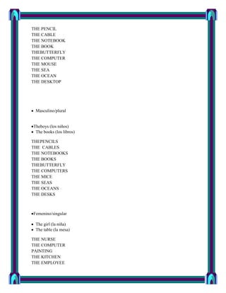 THE PENCIL
THE CABLE
THE NOTEBOOK
THE BOOK
THEBUTTERFLY
THE COMPUTER
THE MOUSE
THE SEA
THE OCEAN
THE DESKTOP




 Masculino/plural


Theboys (los niños)
 The books (los libros)

THEPENCILS
THE CABLES
THE NOTEBOOKS
THE BOOKS
THEBUTTERFLY
THE COMPUTERS
THE MICE
THE SEAS
THE OCEANS
THE DESKS



Femenino/singular

 The girl (la niña)
 The table (la mesa)

THE NURSE
THE COMPUTER
PAINTING
THE KITCHEN
THE EMPLOYEE
 