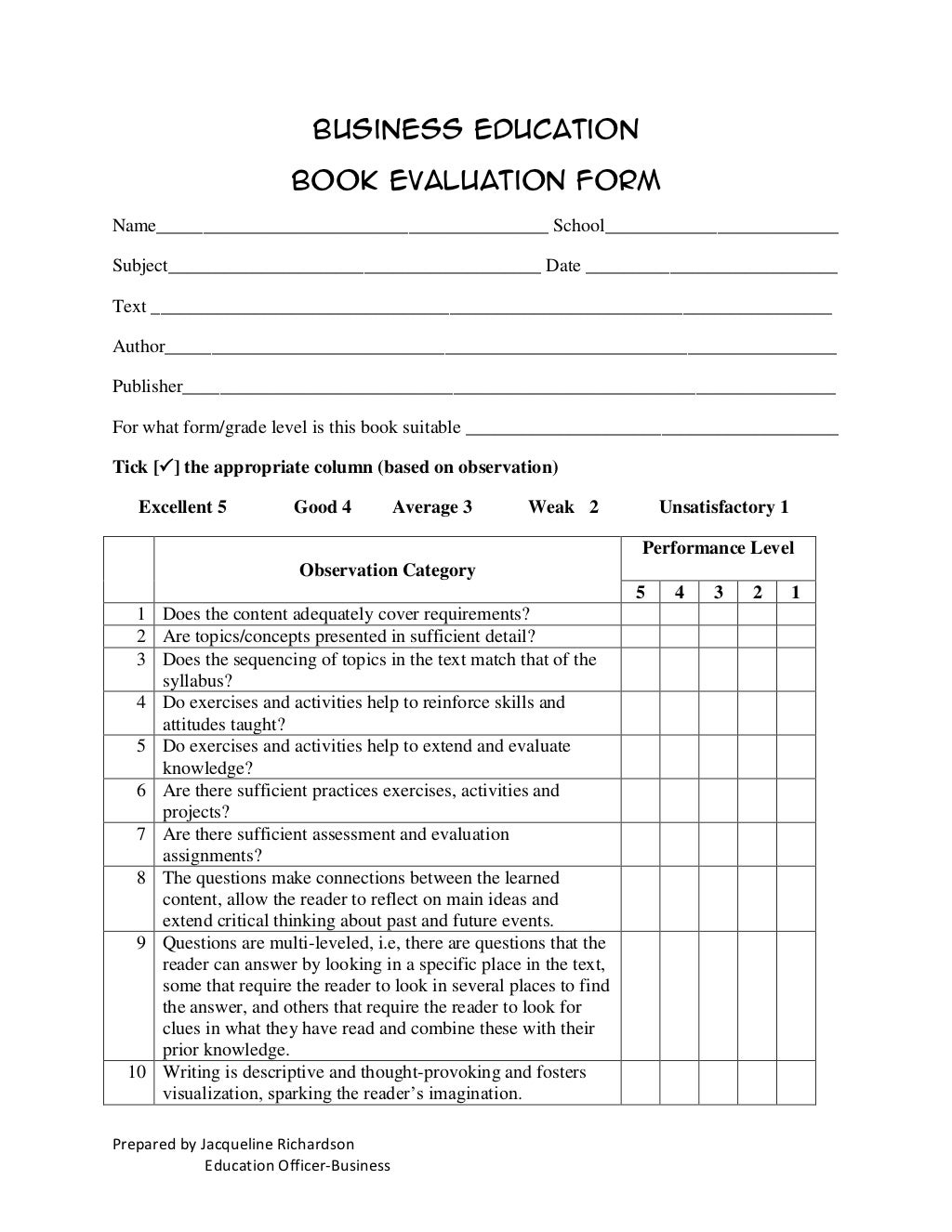 book evaluation example