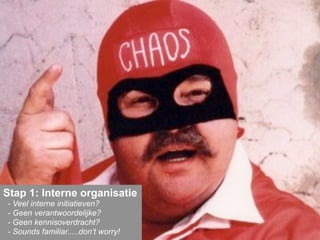 Stap 1: Interne organisatie
- Veel interne initiatieven?
- Geen verantwoordelijke?
- Geen kennisoverdracht?
- Sounds familiar.....don’t worry!
 
