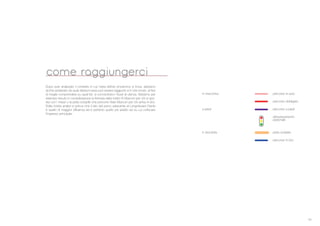 19
percorso obbligato
come raggiungerci
Dopo aver analizzato il contesto in cui l’area dell’ex cinodromo si trova, abbiamo
anche analizzato da quali direzioni esso pu< essere raggiunto e in che modo, al fine
di meglio comprendere su quali lati si concentrano i flussi di utenza. Abbiamo per
esempio tenuto in considerazione la fermata della metro B Marconi per chi si spo-
sta con i mezzi o la pista ciclabile che percorre Viale Marconi per chi arriva in bici.
Dalla nostra analisi si evince che il lato del parco adiacente al Lungotevere Dante
# quello di maggior affluenza ed # pertanto quello pi* adatto ad su cui collocare
l’ingresso principale.
percorso in autoin macchina
a piedi
in bicicletta
percorso a piedi
attraversamento
pedonale
percorso in bici
pista ciclabile
 