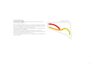 31
Si sono divisi gli spazi dedicati al parkour in aree dalla forma allungata e sinusoidale,
in modo da deﬁnire dei veri e propri percorsi da seguire e riprendere la teoria del
“parcours du combattant”, da cui il parkour trae origine.
Prima di procedere per< all’analisi delle possibili disposizioni di questi percorsi si
sono ﬁssati alcuni vincoli progettuali:
_dividere il parco in tre percorsi distinti per difﬁcolt (facile, media, difﬁcile);
_il percorso di media difﬁcolt # immaginato come il pi* frequentato e quindi come
il pi* lungo, attraversando il parco da parte a parte;
_i percorsi facile e difﬁcile sono pi* brevi e si conﬁgurano come diramazioni del
percorso principale.
zoninganalisi dei percorsi
Conﬁgurazione deﬁnitiva
 