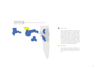 35
aree di raccolta
L’area di raccolta principale # racchiusa entro lo
spazio dedicato al parkour, in modo da esser-
ne coinvolta pur restando uno spazio ricreativo.
L’area, di forma aperta, # posizionata appros-
simativamente al centro del parco e ne costi-
tuisce il centro nevralgico. Essa # direttamente
collegata a tutti e tre i percorsi e all’area bambini.
: inoltre praticamente un passaggio obbligato
per chi proviene dall’entrata principale. Le altre
sono ulteriori luoghi di ritrovo provvisti di sedute
e comfort. Le aree dell’area superiore sono ter-
razze direttamente collegate ai padiglioni.
area bambini
L’area bambini # adiacente all’area libera, in
modo da rendere pi* facile per i genitori tenere
sotto controllo i propri figli nelle loro attivit ricre-
ative.
zoningaree ricreative
 